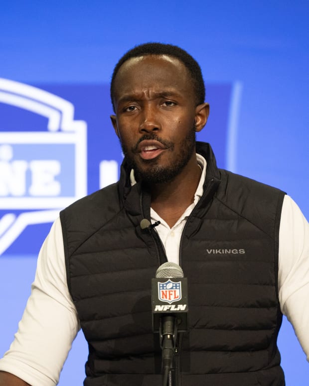 Feb 27, 2024; Indianapolis, IN, USA; Minnesota Vikings general manager Kwesi Adofo-Mensah talks to the media at the 2024 NFL Combine at Indiana Convention Center.